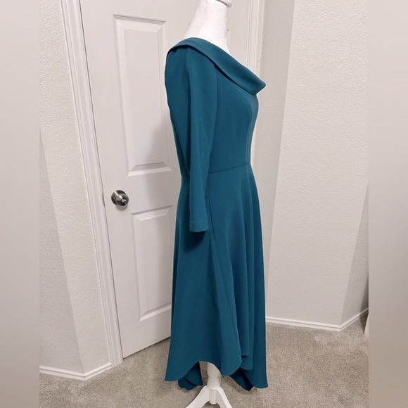 Kay Unger Asymmetrical 3/4 Sleeve Cocktail Dress Peacock Color Size 6 - Picture 2 of 10